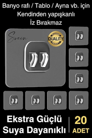 20 Ad. Ekstra Güçlü Kendinden Yapışkanlı İz Bırakmaz Suya Dayanıklı Banyo Rafı Tablo Ayna Askı Kanca Çok Renkli