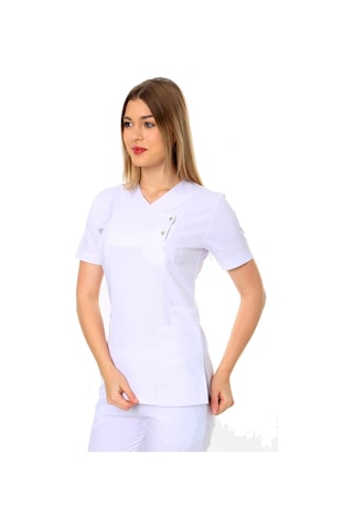 İba Medikal Beyaz Modern Doktor Hemşire Çıtçıtlı Likralı Takım Ribanalı