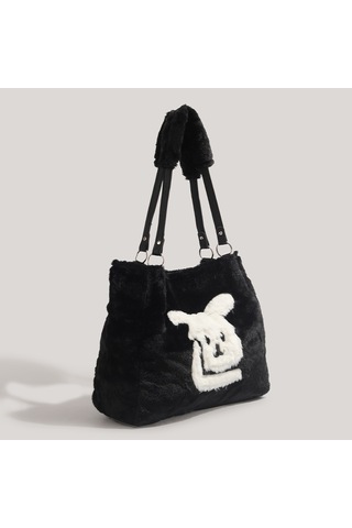 Charhp&kejnt Sonbahar Ve Kış Peluş Çanta Tasarımı Elde Taşınabilen Tüylü Tavşan Tote Çanta Siyah