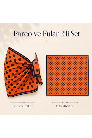 Tarzını Seç Premium Turuncu Siyah Puantiye Desenli 2 Li Kısa Pareo Ve Bandana Seti 150x50 Cm / 70x70 Cm