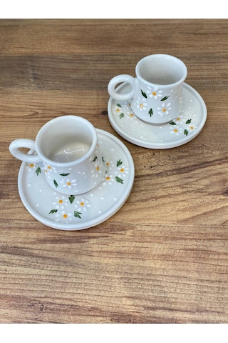 3'lü Papatya Desenli El Yapımı Seramik Kupa, Mug, Türk Kahvesi