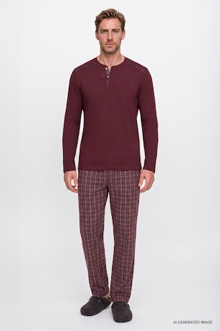 Ac&Co / Altınyıldız Classics Erkek Bordo %100 Pamuk Standart Fit Hakim Yaka Desenli Cepli Pijama Takımı