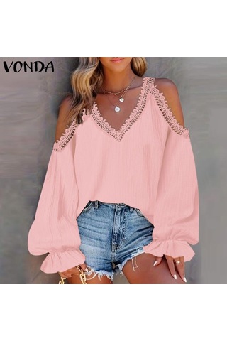 Vonda Kadın Vintage V Yaka Fener Uzun Kollu Omuzdan Bağlamalı Dantel Bluzlar Sarı