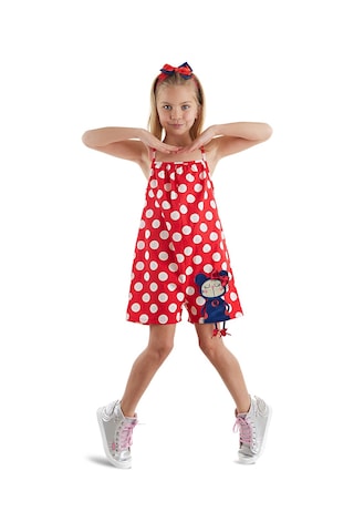 Denokids Kırmızı Puantiye Kız Çocuk Dokuma Tulum Çok Renkli