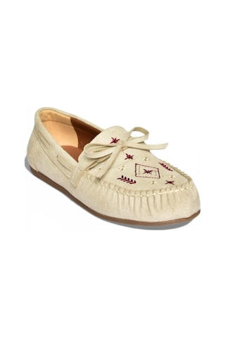 Fox Shoes Y996073102 Bej Süet Renkli Motif İşlemeli Kadın Babet Bej