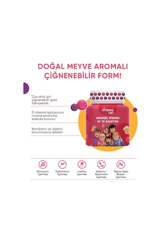 Vitago Kids Gummies Vitamin D3 Kalsiyum İçeren Takviye Edici Gıda 60 Kapsül