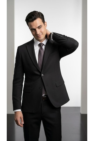 Plus Scorpion Ck 142 Slim Fit Mikro Desenli Erkek Ceket Yazlık Pike Kumaş Çift Yırtmaç Blazer Siyah