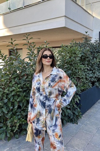 Kadın Laci & Kiremit Çift Cepli Gömlek & Bol Paça Pantolon - Salaş Alt & Üst Takım Siyah - Ekru