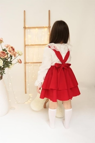 Kız Çocuk Kırmızı Elbise Helen Askılı Jile Dantelli Uzun Kol Bluz Takım 23 Nisan 29 Ekim Gösteri Kıyafeti