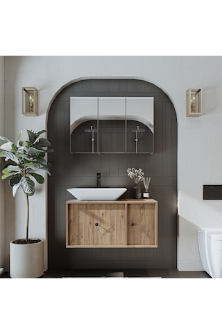 Çanak Lavabolu Mat Mdf 90 Cm Banyo Dolabı + Aynalı Dolap Atlantik Atlantik Çam