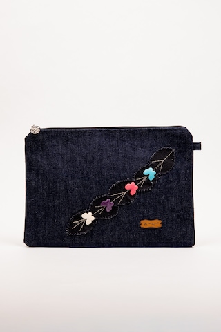 Fabric Craft Bag El Çantası Denim Kumaş Fermuarlı İçi Astarlı Nakış Detaylı 30 21 Cm Kot Lacivert