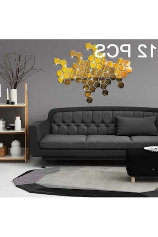 Novahub 12 Adet 3d Altıgen Ayna Sticker, 10x10cm Altın, Zengin Dekorasyon İçin Diğer