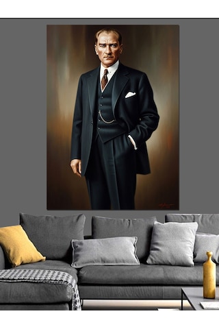 Ahşap Tablo Siyah Takım Elbiseli Atatürk İnsan Figürlü Tablolar
