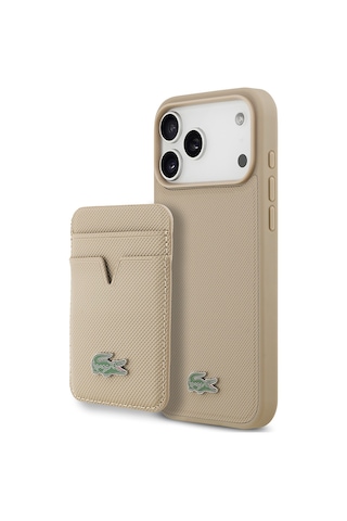 Apple Uyumlu iPhone 17 Pro Max Kılıf Lacoste Lisanslı M-safeli Pu Pike Desenli Metal Logo Kartlıklı Kapak Bej Bej