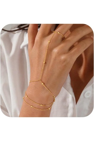 Fosenze 14k Altın Kaplama Kadın Bilezik, Toplu Zincirli Tasarım, Yüzük Özellikli, Ayarlanabilir, Alerjiye Duyarsız, Leydikler İçin Hediyelik Gümüşsüz Mücevher Altın
