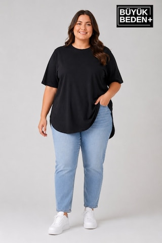 Superlife Büyük Beden Kadın Bisiklet Yaka Basic Oval Etek Detalylı 3xl-6xl Uzun Tunik Spr26btsk502 Siyah