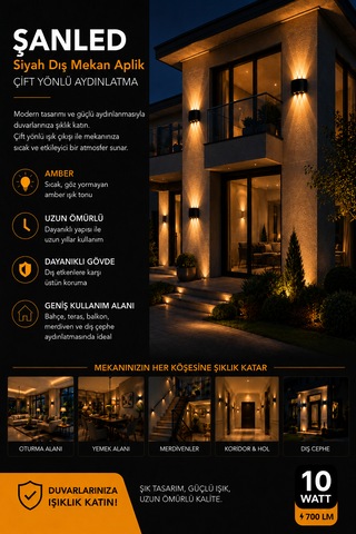Dekoratif 10w Çift Yönlü Iç-dış Mekan Siyah Kasa Gün Işığı Duvar Aplik-10 Adet Amber Rengi