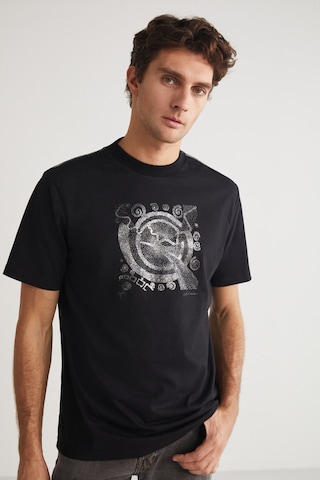 Grimelange Sevılla Erkek %100 Organik Pamuklu Baskı Detaylı Bisiklet Yaka Siyah T-shirt Siyah