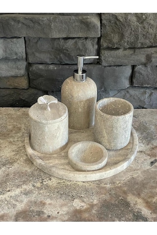 Yeni Silver Gümüş Traverten Mermer 5'li Banyo Seti Beyaz