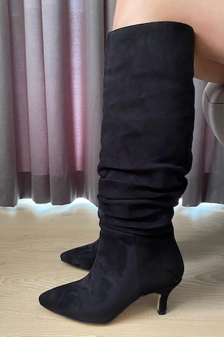 Asmi Shoes Kadın Oslo Topuklu Körüklü Şık Tarz Günlük Rahat Çizme Siyah Süet Siyah
