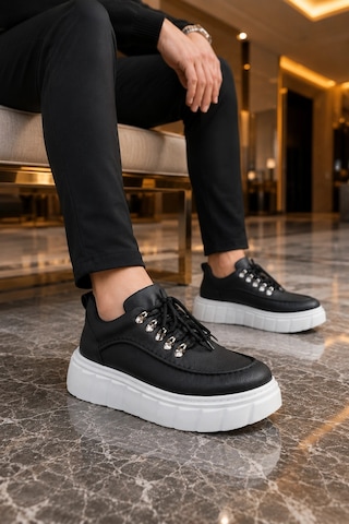 Mevese Duolc Bağcıklı Cilt Erkek Günlük Rahat Taban Sneaker Ayakkabı - Siyah Beyaz