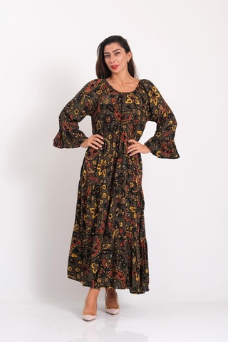 Kadın Haki Carmen Yaka Şal Desen Fırfırlı Kol Etekleri Kat Kat Uzun Elbise - Hakı
