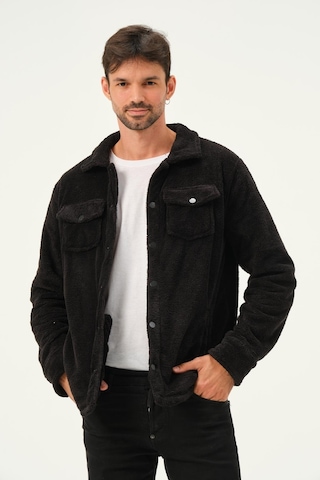 Erkek Çıt Çıt Detaylı Cepli Peluş Ceket Siyah