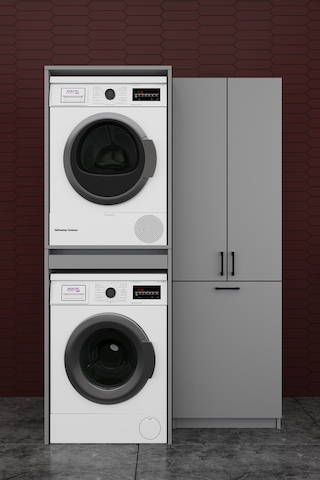 Çamaşır Makinesi Banyo Dolabı Takımı Sepetli %100 Mdf Çekmeceli Çok Amaçlı Kurutma Dolabı Bt01 Kül Gri