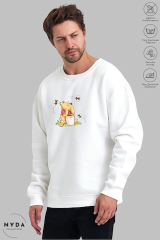 Unisex Uzun Kollu Winnie The Pooh Baskılı Bisiklet Yaka Kapüşonsuz Şardonlu Oversize Sweatshirt Beyaz