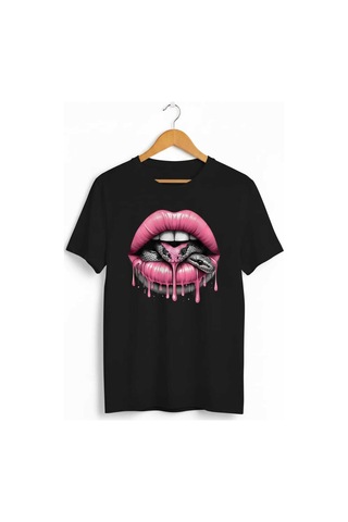 Kadın Beyaz Siyah Yılan Detaylı Dudak Baskılı Regular T-shirt Siyah