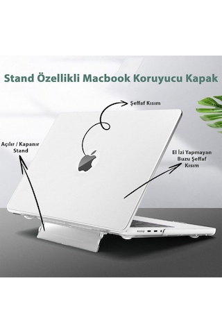 Macbook Air 13.6" M2-m3 Çip 2022/2024 A2681 A3113 Uyumlu Standlı Şeffaf İz Bırakmayan Koruyucu Kapak Şeffaf