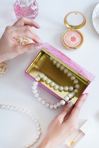Premium Pembe Dalga Desen Dekoratif Organizer Kutu Takı, Makyaj, Dikiş Ve Aksesuar Saklama Kutusu 160x102x50 Mm