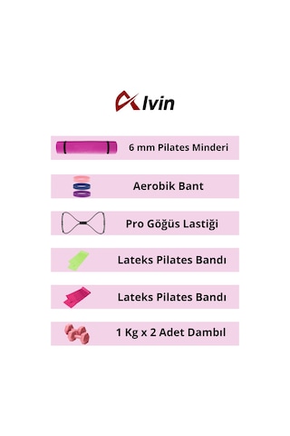 10 Parçalı Tam Donanımlı Pilates Seti 6 Mm Pilates Minderi, Dambıl,aerobik Lateks Bant,göğüs Lastiği Pembe
