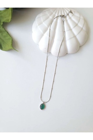 Çelik Silver Yeşil Taşlı Kadın Kolye - Emerald Sevgiliye Hediye