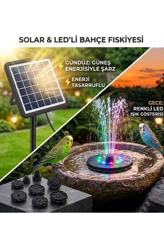 Gy-8039-1 Güneş Enerjili Şarjlı Bahçe Fiskiyesi Çeşme Otomatik Rgb Ledli Süs Havuzu Fiskiyesi 13cm