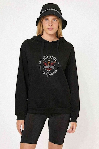 Hard Core Never Surrender Baskılı Siyah Kadın Kapşonlu Sweashirt