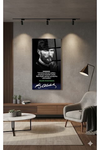Mustafa Kemal Atatürk Portre Cam Tablo Umut Sözlü Siyah Beyaz Tasarım