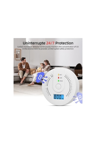 Flybuy Portatif Dijital Karbon Monoksit & Duman Dedektörü, Pil İle Çalışır, 24/7 Koruma, Hassas Algılama, Led Alarm, Beyaz