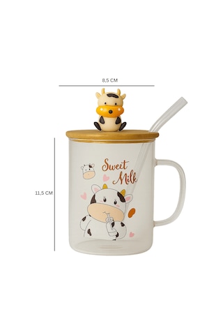 İnek Figürlü Cam Kupa Bambu Kapaklı Ve Cam Pipetli Meşrubat Bardağı - Sweet Milk Şeffaf