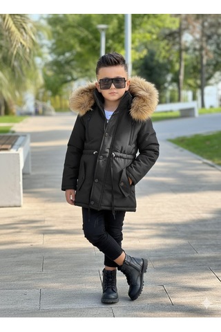 Modavals Erkek Çocuk Garson Beden İthal Tak Çıkar Kürklü Cepli Fermuarlı Düğmeli Bondit Kumaş Kışlık Mont-siyah 851247962 Çok Renkli