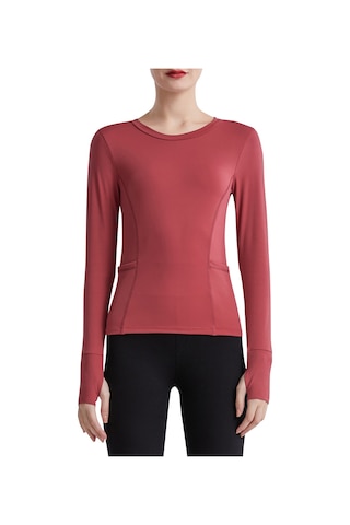 Jeemson Kadınlar İçin Rahat Yoga Üstü - Çift Cep Ve Parmak Delikli Uzun Kollu Spor Tişört Kırmızı