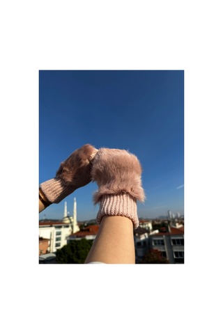 Mollycrush Kadın Peluş Detaylı Yarım Parmak Kışlık Eldiven Sıcak Tutarlı Şık Tasarım Pudra