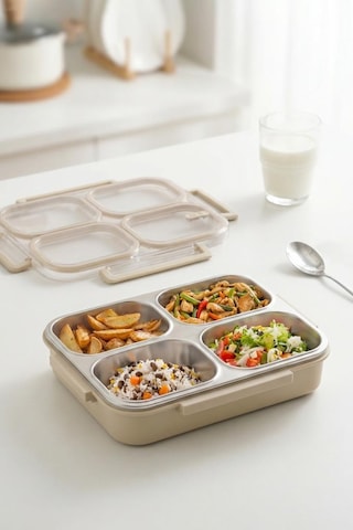 Digithome Bento Taşınabilir 4 Bölmeli Paslanmaz Çelik Yemek Kabı Termosu Lunch Box - Bej