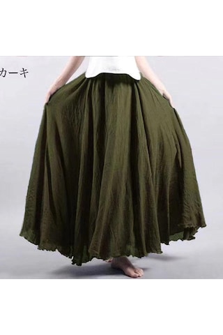 Yaz Sonbahar Kadın Etek Edebi Büyük Boy Pamuk Keten Yarım Etek Elastik Bel Keten A-line Etek Uzun Bölüm Saf Renk Rüzgar Salıncak Etek Ordu Yeşili Haki