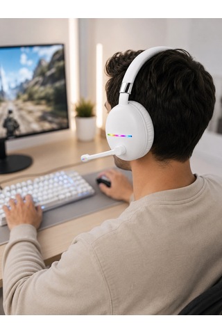 Beyaz Bluetooth 5.0 Mikrofonlu Kablosuz Kulak Üstü Kulaklık Rgb Işıklı Typec Şarjlı