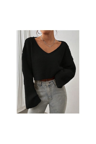 Samin Kadın Oversize V Yaka Triko Crop Kazak Siyah - 660238741 Siyah