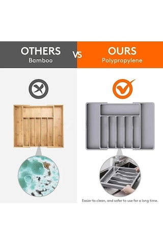 Pazly Genişletilebilir Gri Mutfak Plastik Çekmece Organizatörü, 33x38x5cm, Çatal Kaşık Bölücü Gri