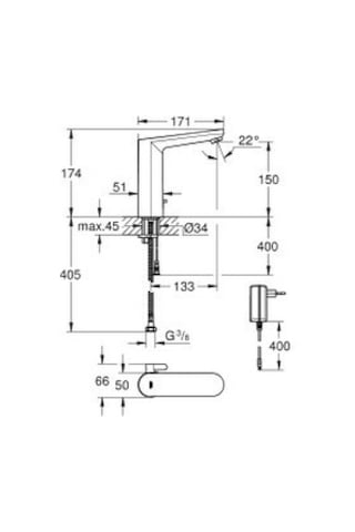 Grohe Eurosmart Cosmopolitan E Fotoselli Lavabo Bataryası - 1/2" - L-boyut - Çift Su Girişli - Ayarlanabilir Sıcaklık Sı Krom Kaplama