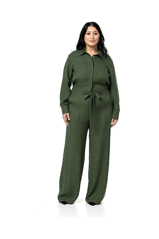 Büyük Beden Beli Tünelli Ve Arkadan Lastikli Geniş Paça Haki Tulum Haki