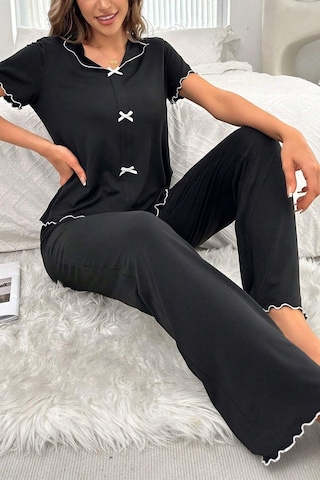 Bella Notte Pamuklu Siyah Fiyonk Detaylı Mevsimlik Pijama Takımı